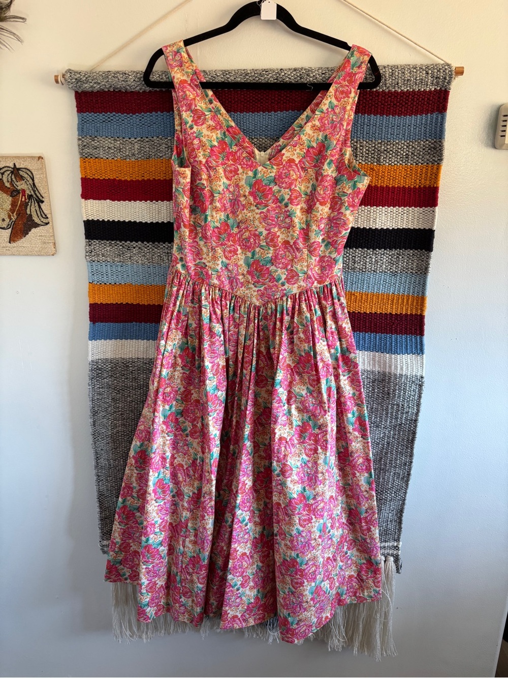 Vintage Laura Ashley Pink Floral V-Neck Midi Dress